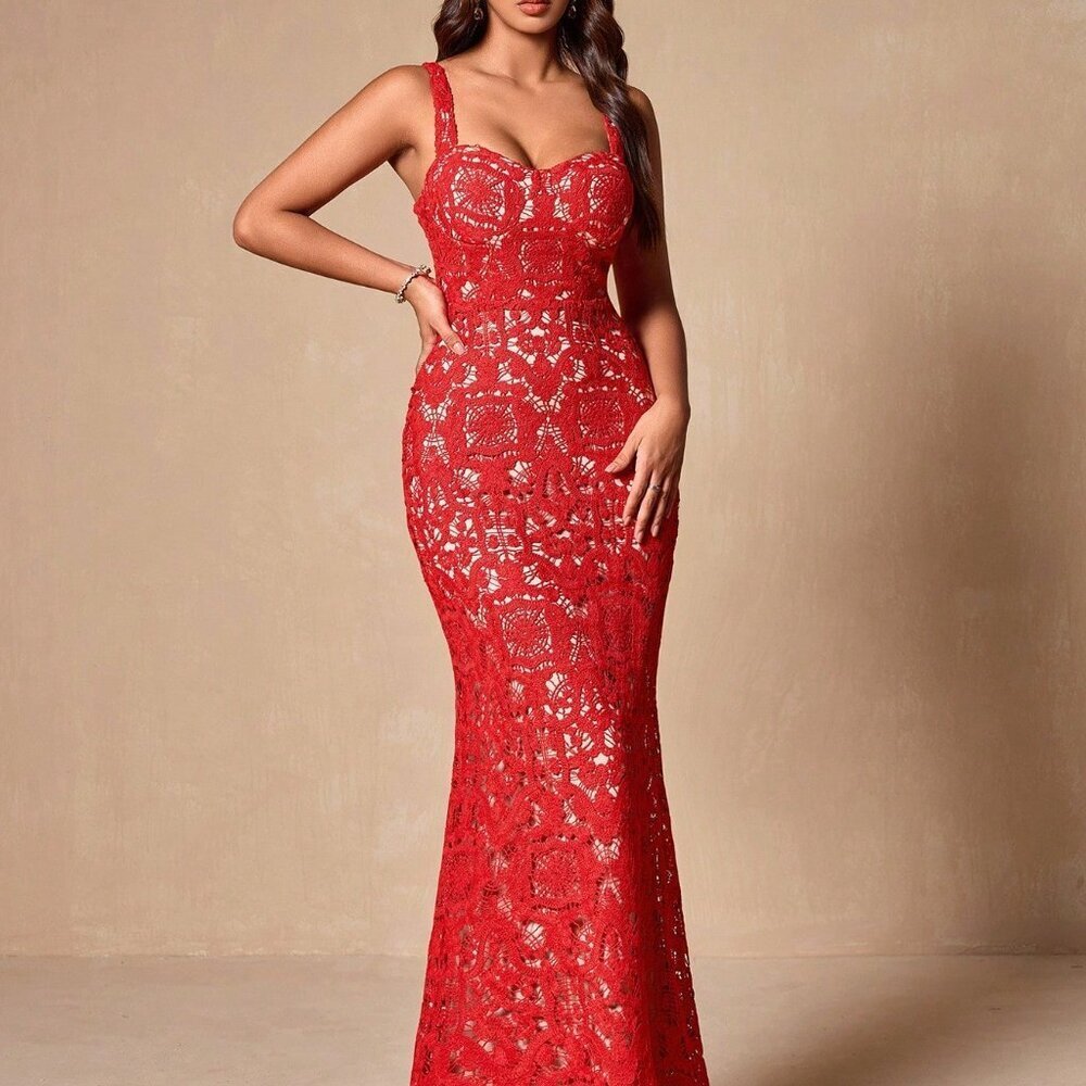 Red Elegant Women's Lace Bodycon Sleeveless Sexy Cocktail Dress - Picture 3 of 8